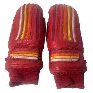 Vintage Red Leather Mittens with Stripes